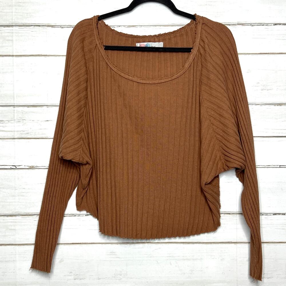Free People Beach Ribbed Dolman Sleeve Top Brown Boho Raw Hem Medium